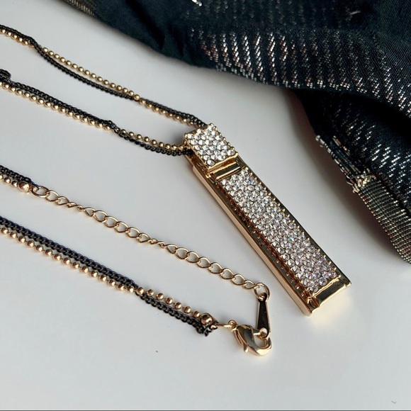 Long crystal pendant double chain necklace - Picture 2 of 6